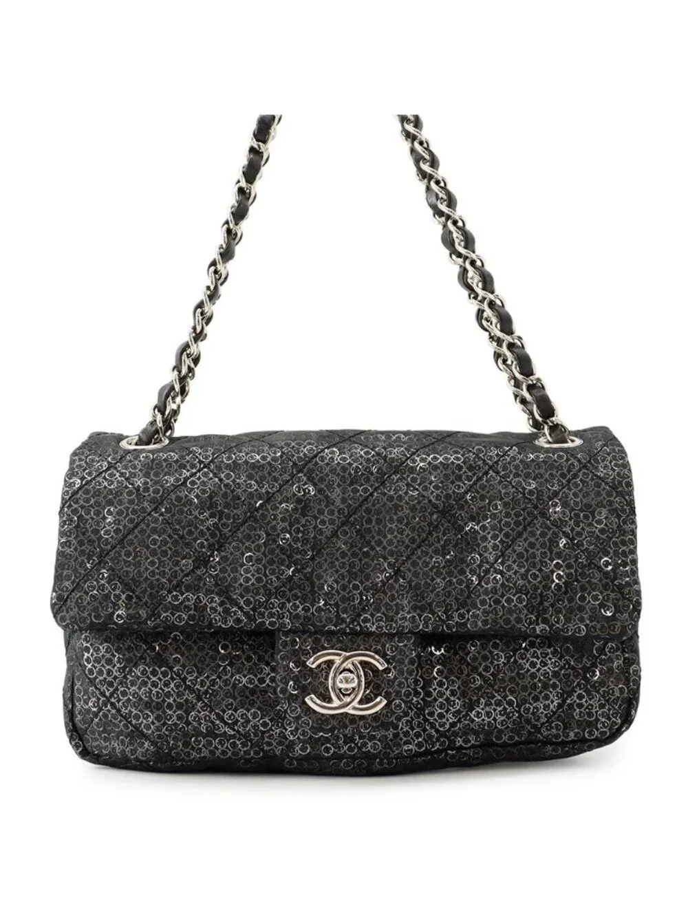 Chanel Chain Shoulder Bag Quilted 25 CC Logo Mesh Sequin Black